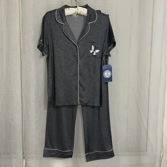Life is Good L-XL Gray Pink Trim Notch Collar 2 pc Short Sleeve Top Pants PJ Set - Picture 8 of 16